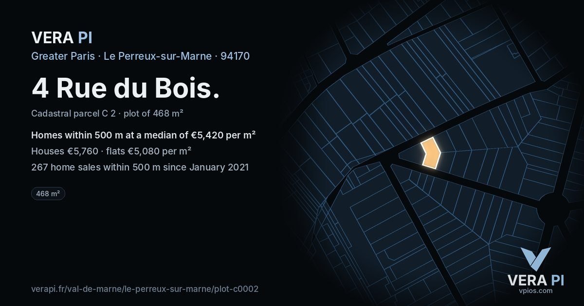 4 Rue du Bois, Le Perreux-sur-Marne at night – the plot lit, the parcels around coloured by the prices near them