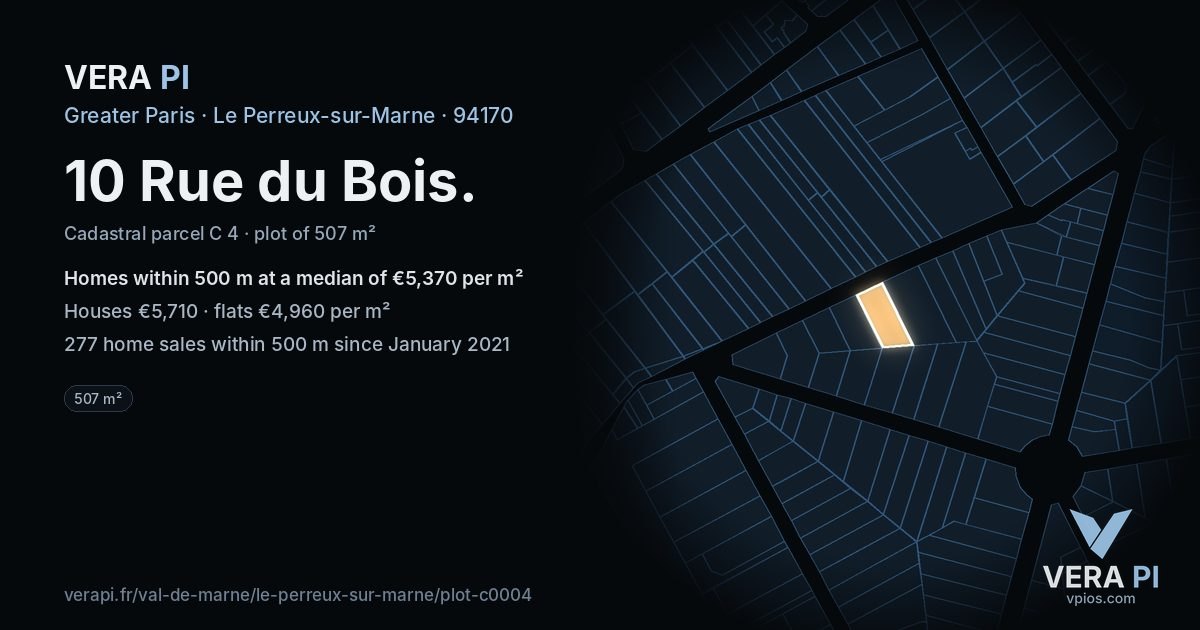10 Rue du Bois, Le Perreux-sur-Marne at night – the plot lit, the parcels around coloured by the prices near them