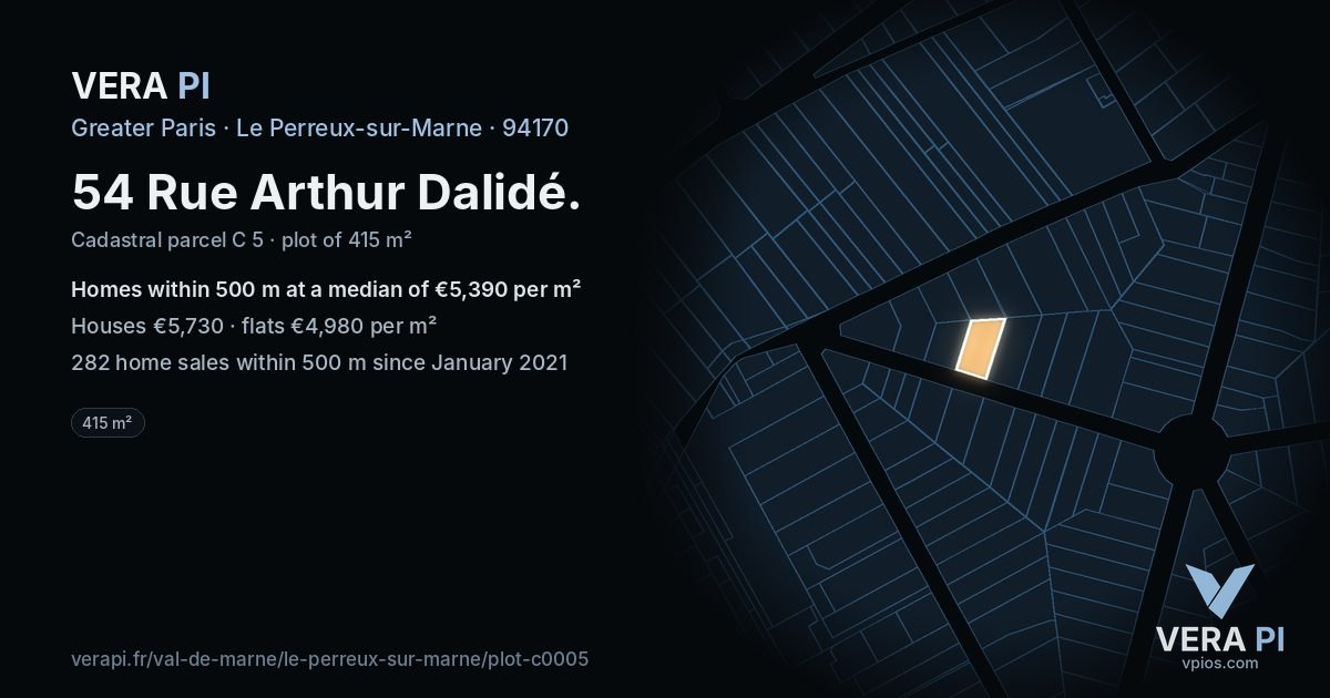 54 Rue Arthur Dalidé, Le Perreux-sur-Marne at night – the plot lit, the parcels around coloured by the prices near them