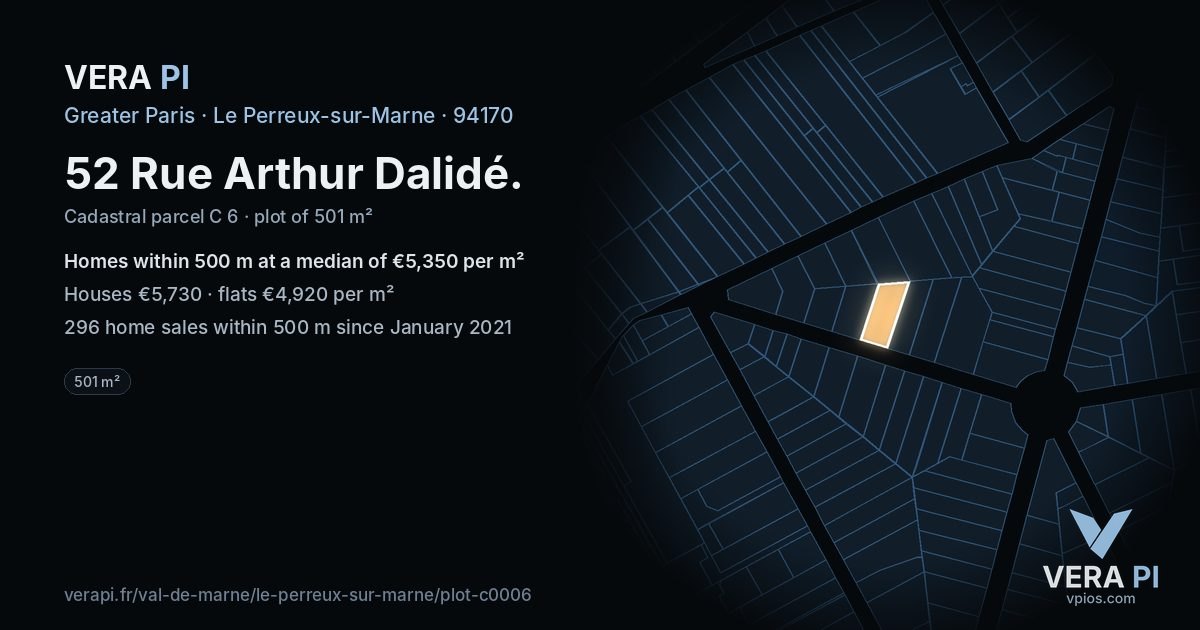 52 Rue Arthur Dalidé, Le Perreux-sur-Marne at night – the plot lit, the parcels around coloured by the prices near them