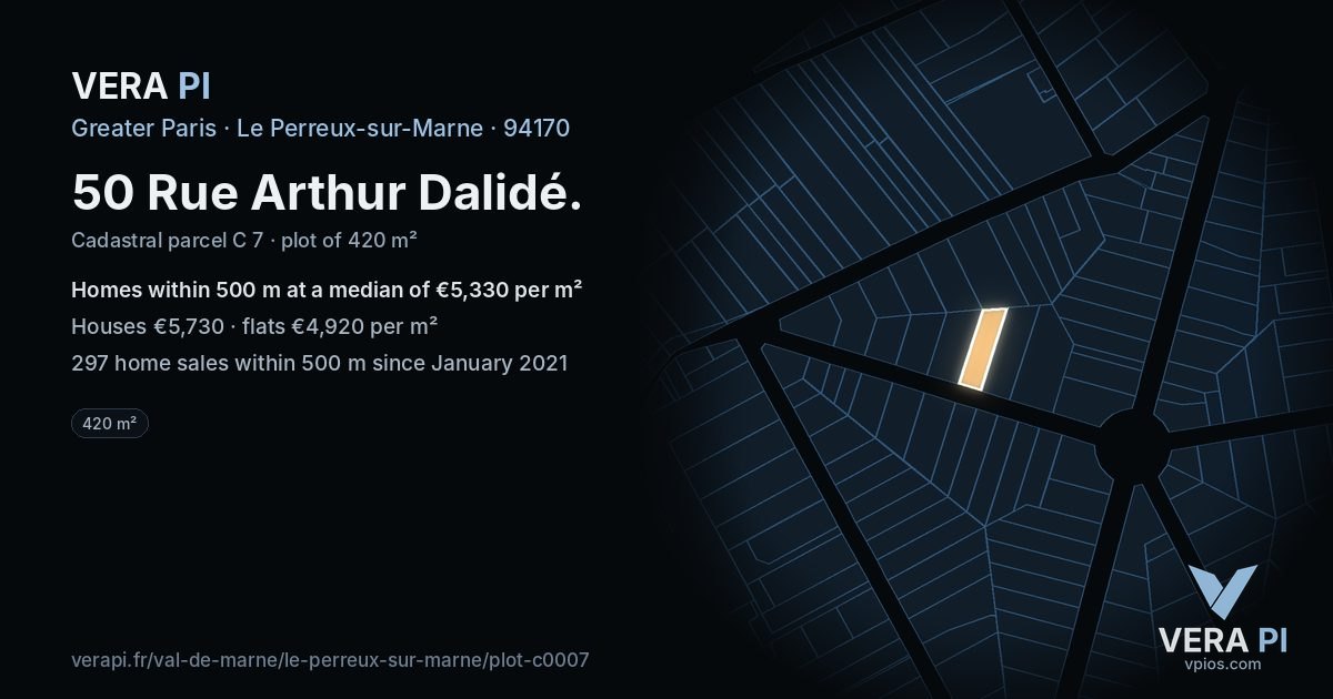50 Rue Arthur Dalidé, Le Perreux-sur-Marne at night – the plot lit, the parcels around coloured by the prices near them