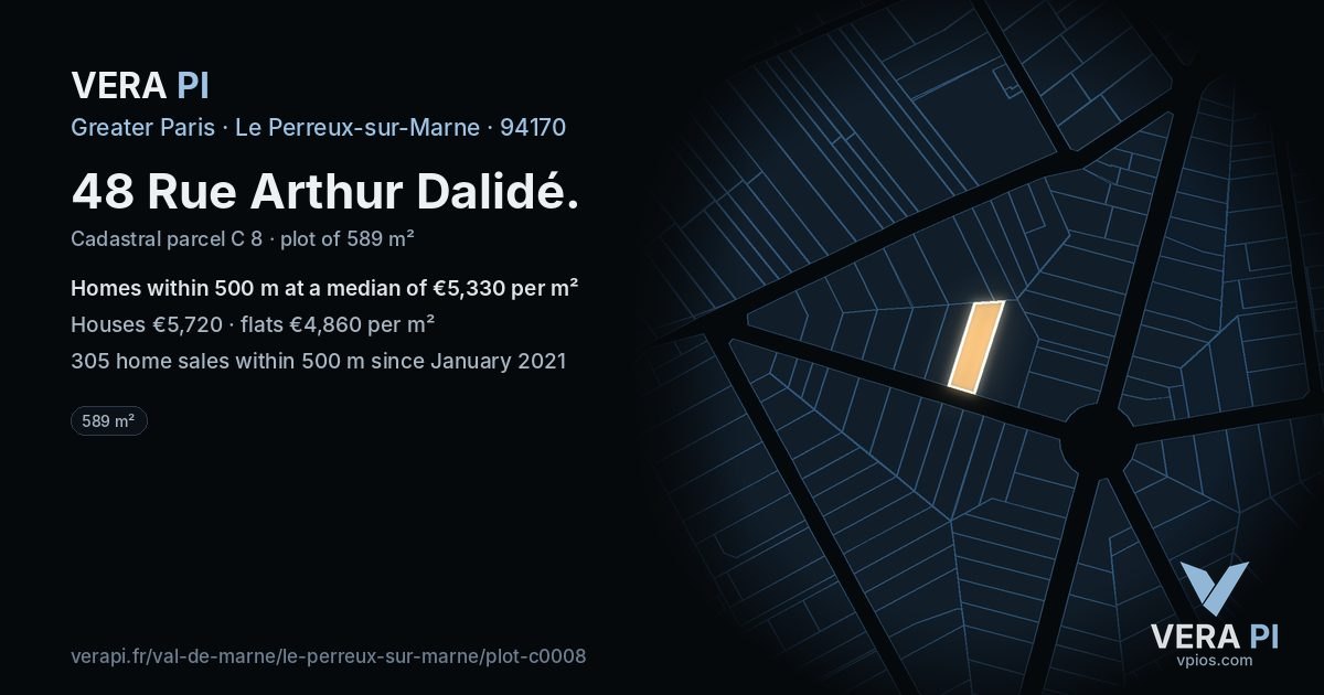 48 Rue Arthur Dalidé, Le Perreux-sur-Marne at night – the plot lit, the parcels around coloured by the prices near them