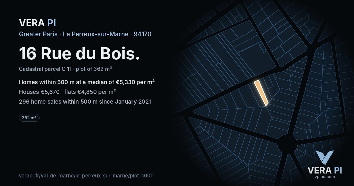 16 Rue du Bois, Le Perreux-sur-Marne at night – the plot lit, the parcels around coloured by the prices near them