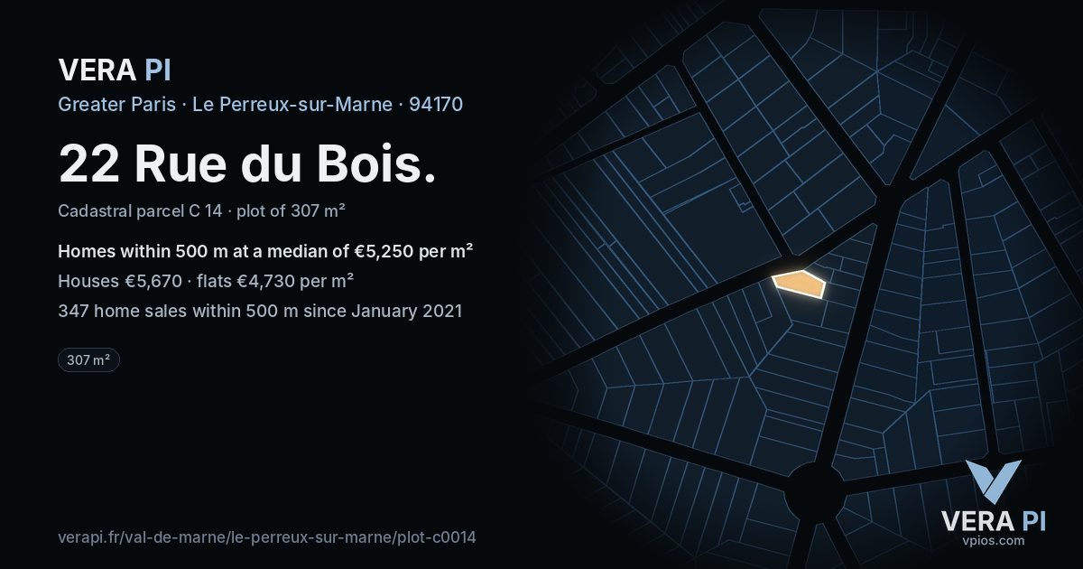 22 Rue du Bois, Le Perreux-sur-Marne at night – the plot lit, the parcels around coloured by the prices near them