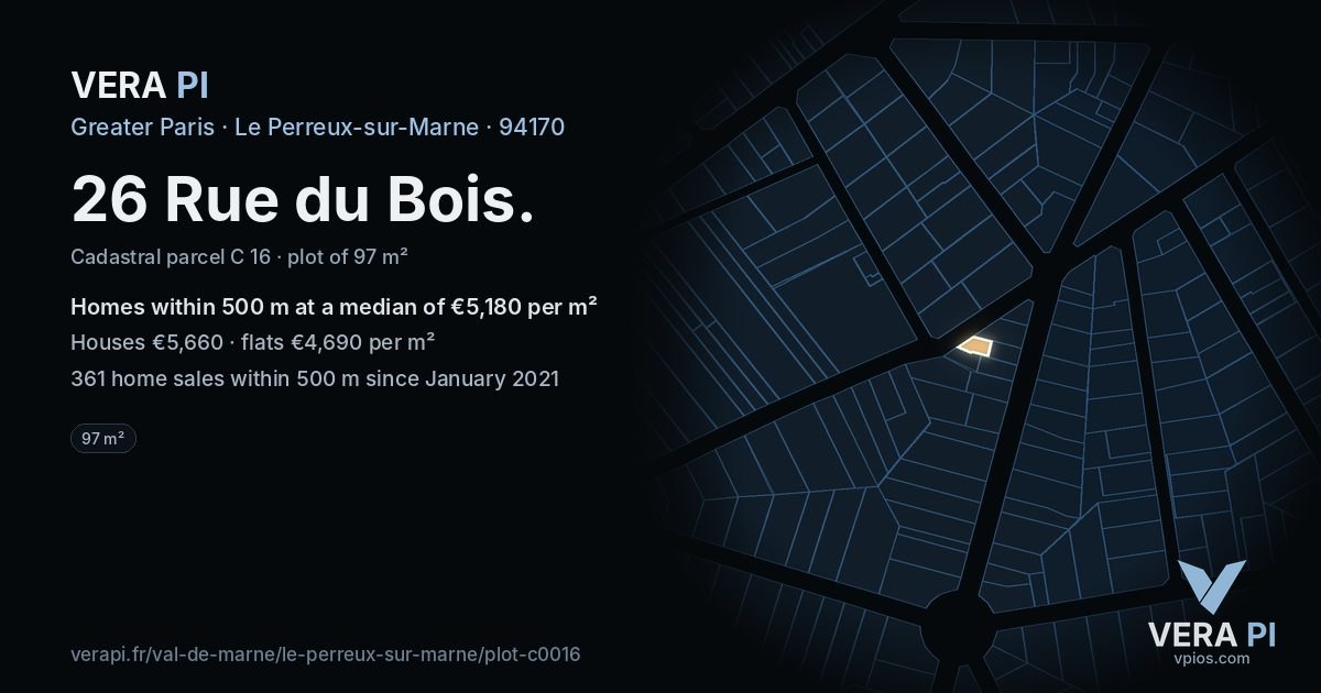 26 Rue du Bois, Le Perreux-sur-Marne at night – the plot lit, the parcels around coloured by the prices near them