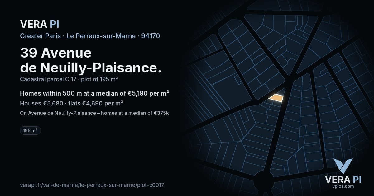39 Avenue de Neuilly-Plaisance, Le Perreux-sur-Marne at night – the plot lit, the parcels around coloured by the prices near them