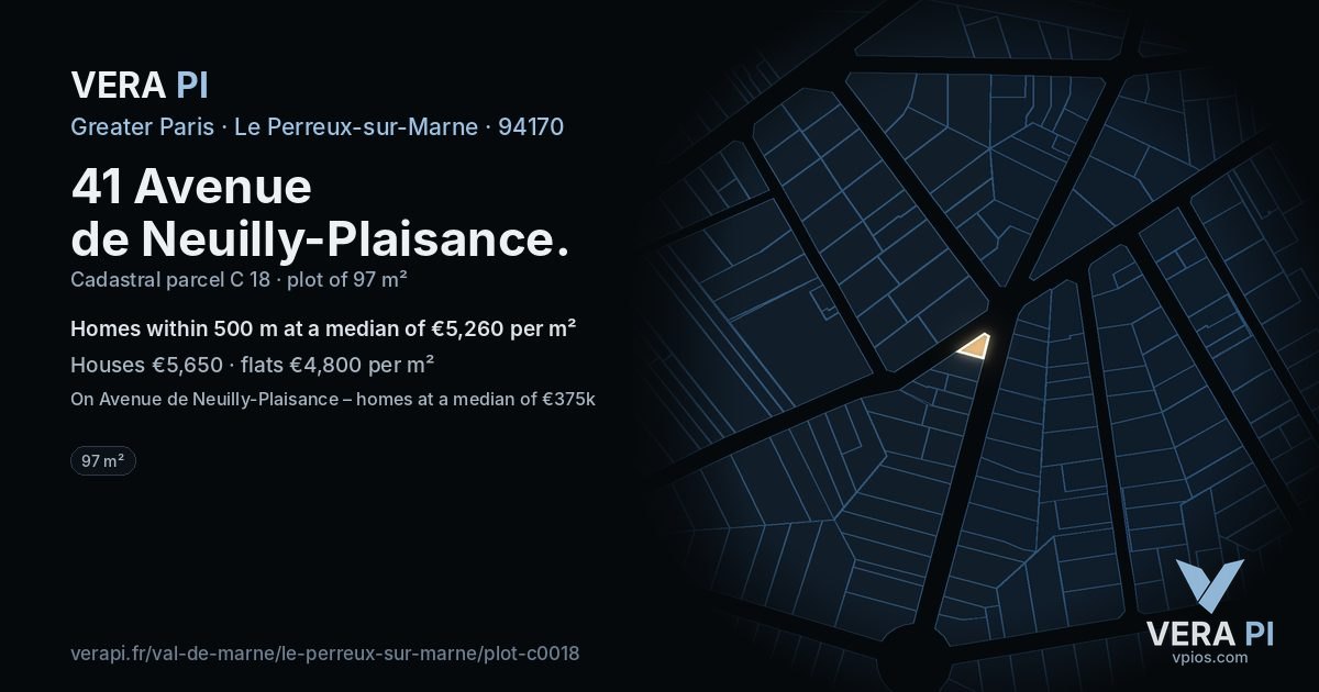 41 Avenue de Neuilly-Plaisance, Le Perreux-sur-Marne at night – the plot lit, the parcels around coloured by the prices near them
