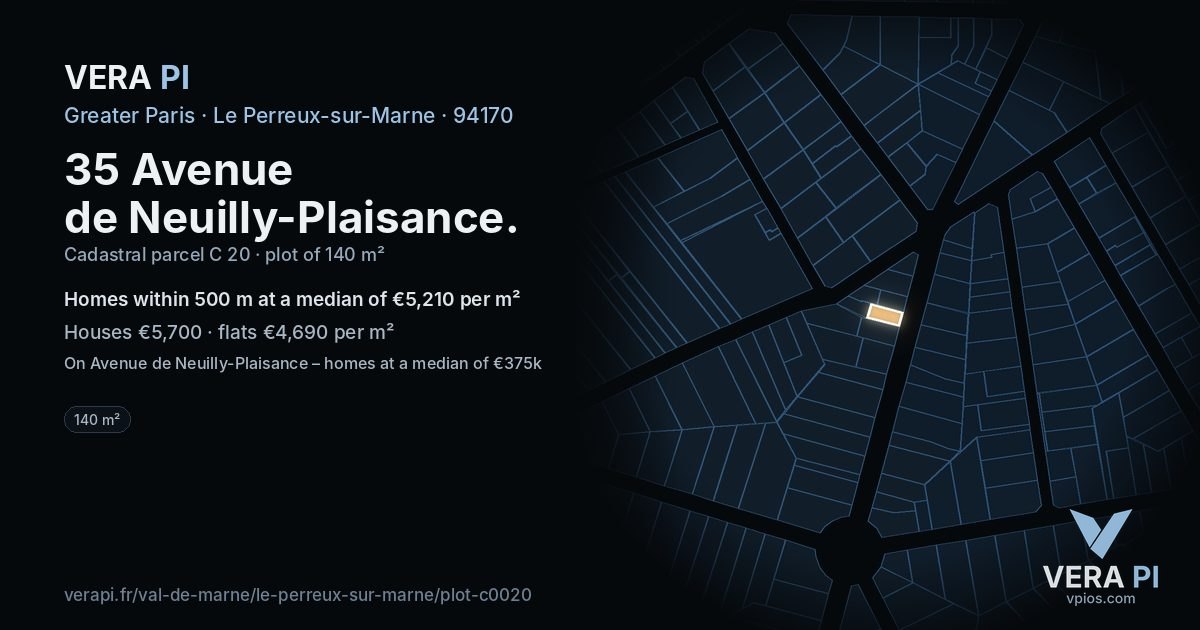 35 Avenue de Neuilly-Plaisance, Le Perreux-sur-Marne at night – the plot lit, the parcels around coloured by the prices near them