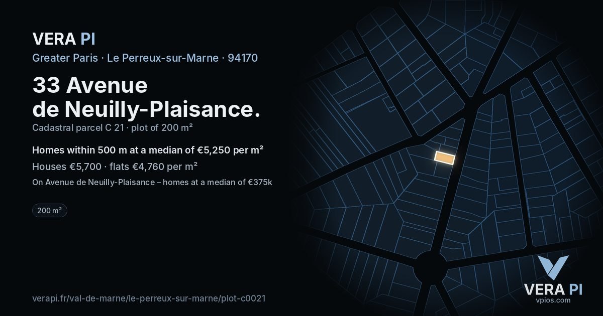 33 Avenue de Neuilly-Plaisance, Le Perreux-sur-Marne at night – the plot lit, the parcels around coloured by the prices near them