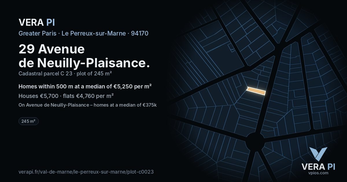 29 Avenue de Neuilly-Plaisance, Le Perreux-sur-Marne at night – the plot lit, the parcels around coloured by the prices near them