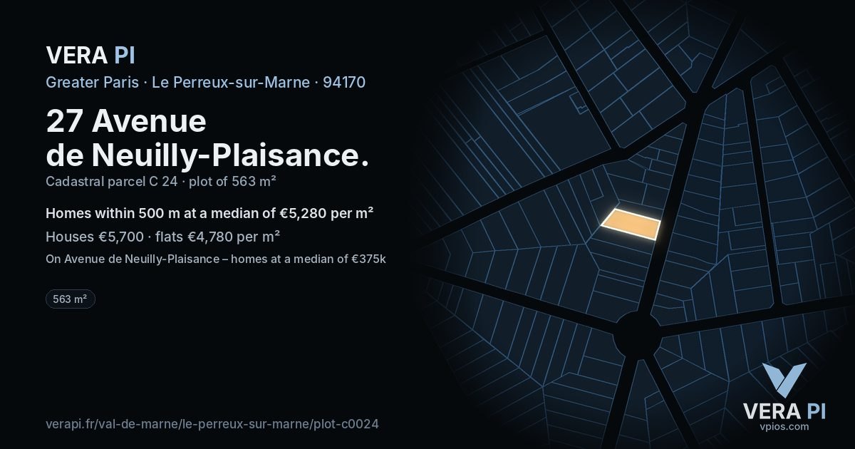 27 Avenue de Neuilly-Plaisance, Le Perreux-sur-Marne at night – the plot lit, the parcels around coloured by the prices near them