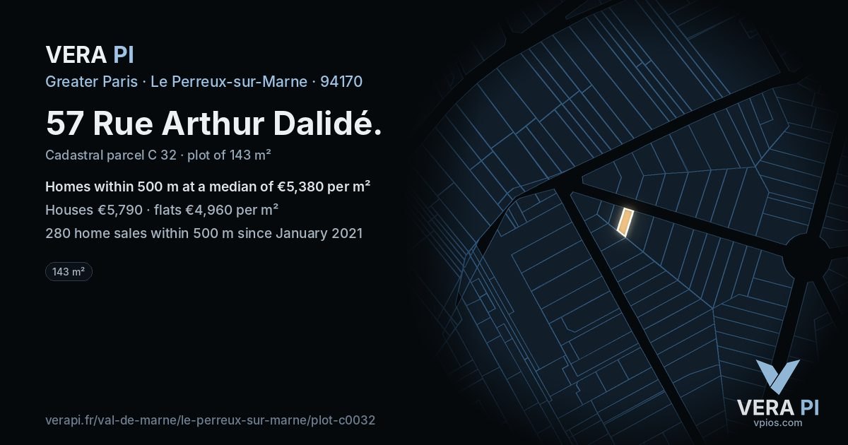 57 Rue Arthur Dalidé, Le Perreux-sur-Marne at night – the plot lit, the parcels around coloured by the prices near them