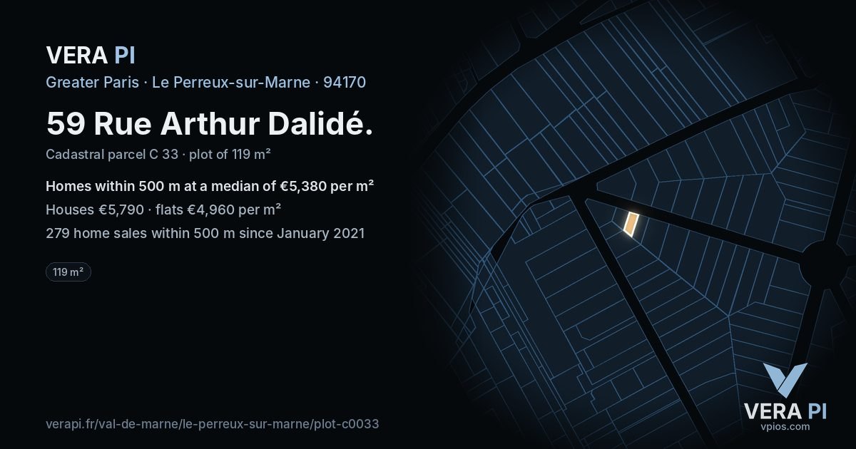 59 Rue Arthur Dalidé, Le Perreux-sur-Marne at night – the plot lit, the parcels around coloured by the prices near them