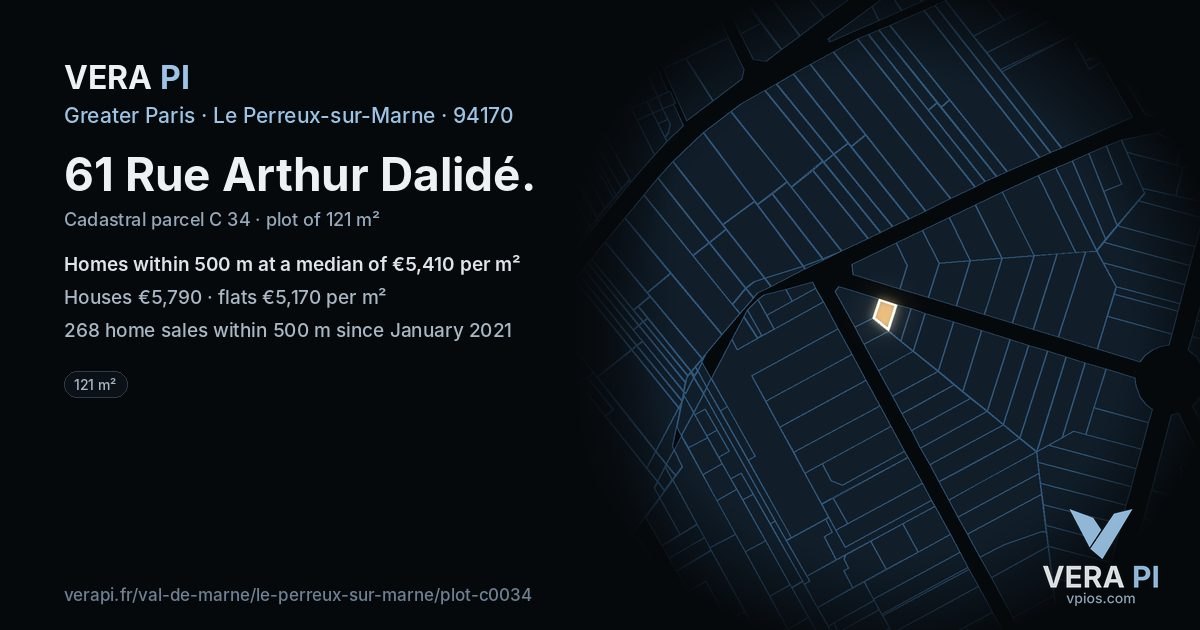 61 Rue Arthur Dalidé, Le Perreux-sur-Marne at night – the plot lit, the parcels around coloured by the prices near them