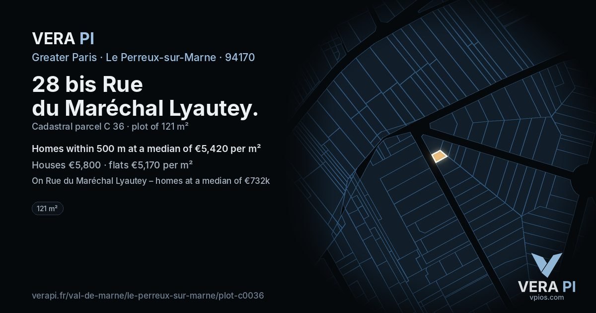 28 bis Rue du Maréchal Lyautey, Le Perreux-sur-Marne at night – the plot lit, the parcels around coloured by the prices near them