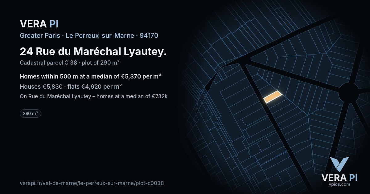 24 Rue du Maréchal Lyautey, Le Perreux-sur-Marne at night – the plot lit, the parcels around coloured by the prices near them