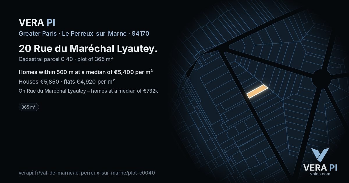 20 Rue du Maréchal Lyautey, Le Perreux-sur-Marne at night – the plot lit, the parcels around coloured by the prices near them