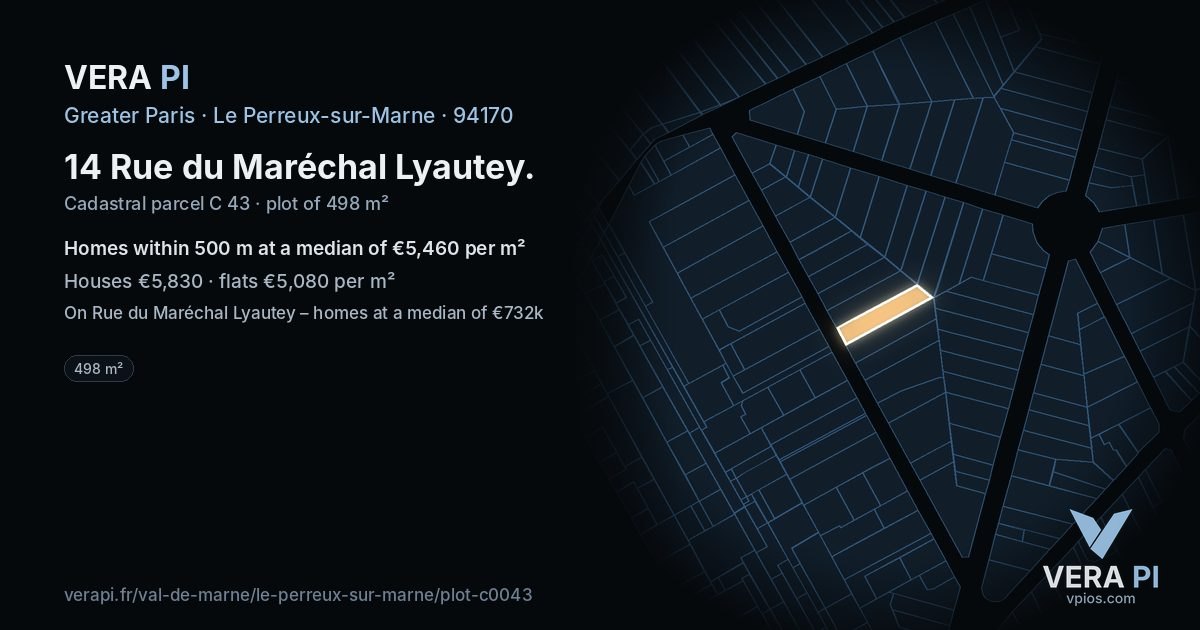 14 Rue du Maréchal Lyautey, Le Perreux-sur-Marne at night – the plot lit, the parcels around coloured by the prices near them