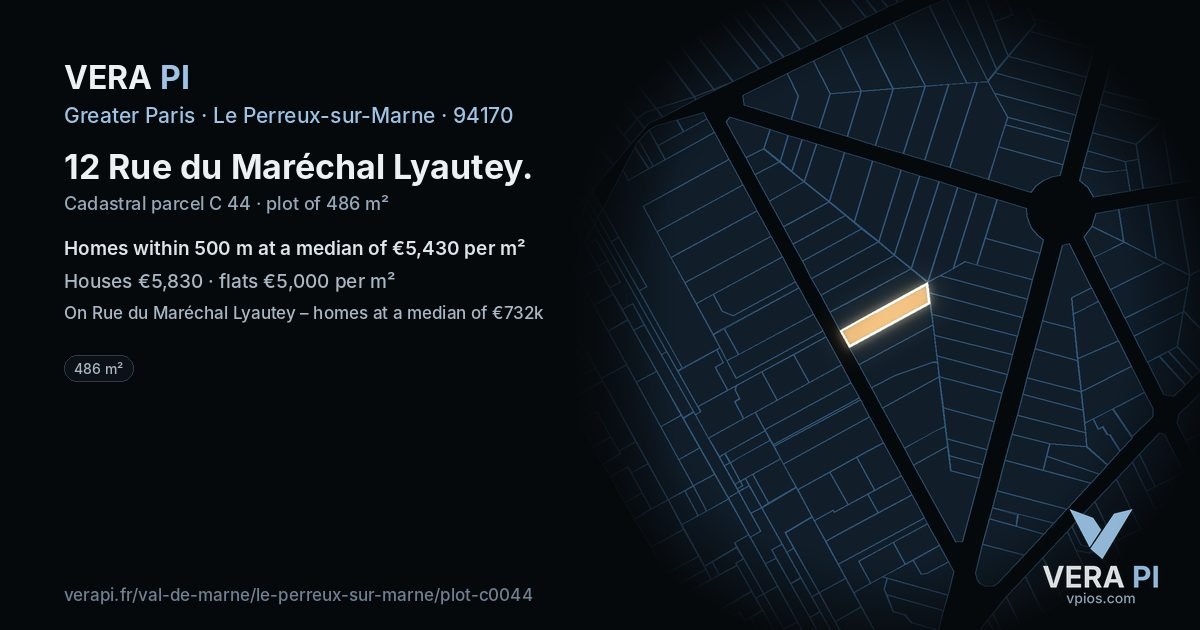 12 Rue du Maréchal Lyautey, Le Perreux-sur-Marne at night – the plot lit, the parcels around coloured by the prices near them