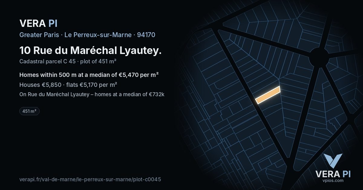 10 Rue du Maréchal Lyautey, Le Perreux-sur-Marne at night – the plot lit, the parcels around coloured by the prices near them