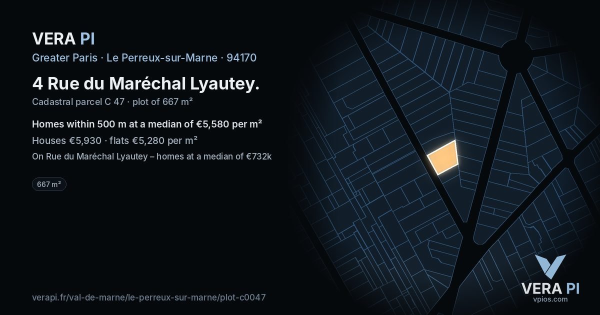 4 Rue du Maréchal Lyautey, Le Perreux-sur-Marne at night – the plot lit, the parcels around coloured by the prices near them