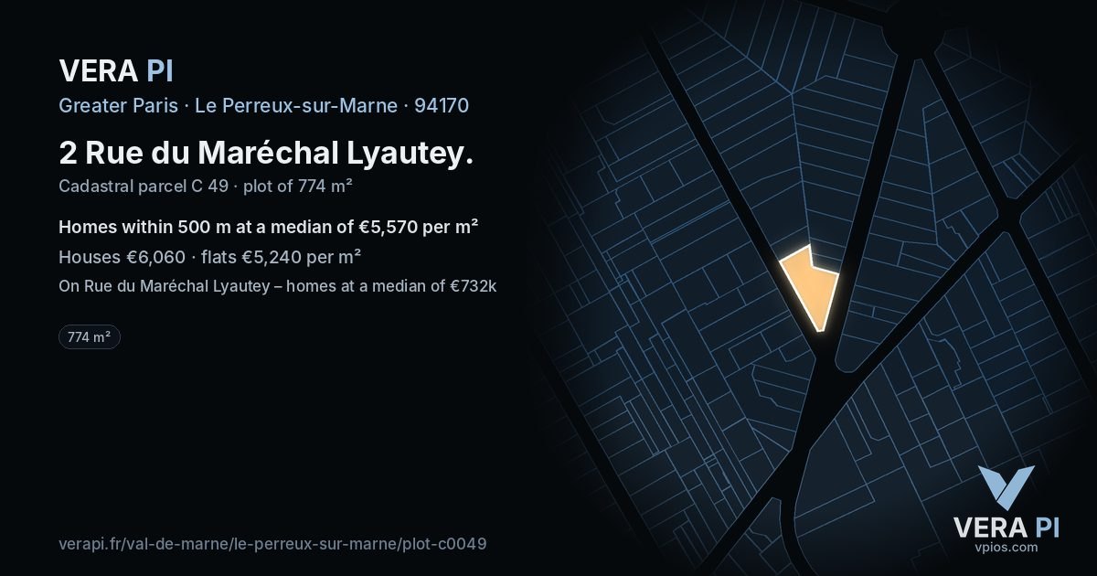 2 Rue du Maréchal Lyautey, Le Perreux-sur-Marne at night – the plot lit, the parcels around coloured by the prices near them