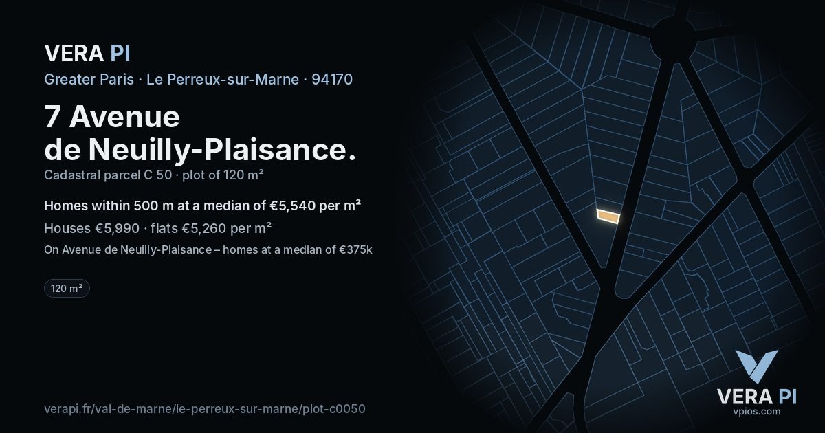 7 Avenue de Neuilly-Plaisance, Le Perreux-sur-Marne at night – the plot lit, the parcels around coloured by the prices near them
