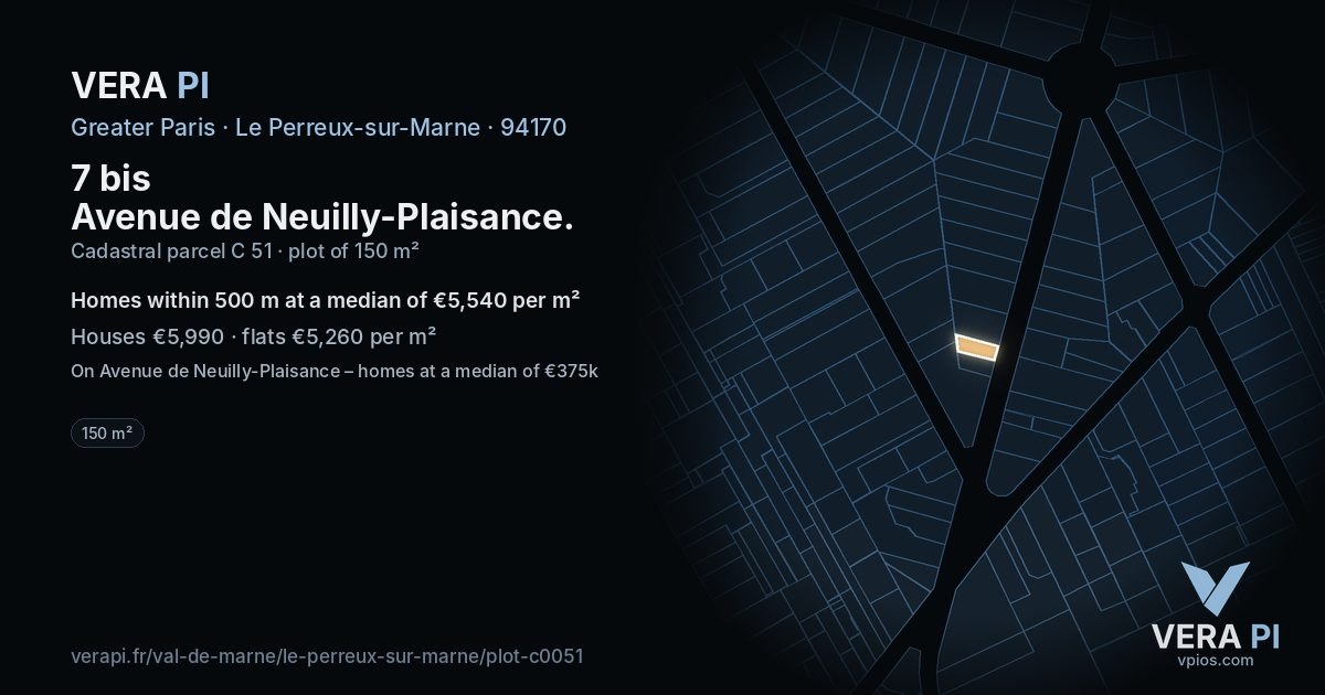 7 bis Avenue de Neuilly-Plaisance, Le Perreux-sur-Marne at night – the plot lit, the parcels around coloured by the prices near them
