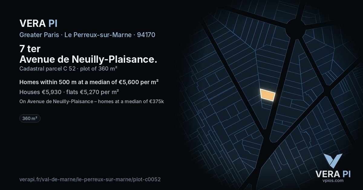 7 ter Avenue de Neuilly-Plaisance, Le Perreux-sur-Marne at night – the plot lit, the parcels around coloured by the prices near them