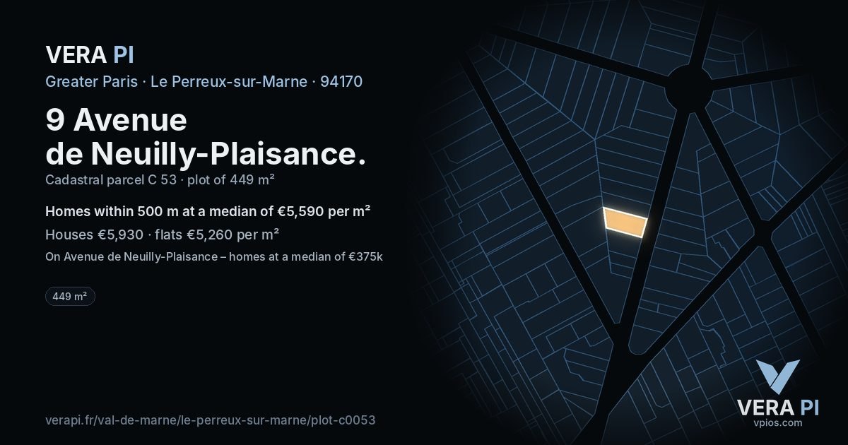 9 Avenue de Neuilly-Plaisance, Le Perreux-sur-Marne at night – the plot lit, the parcels around coloured by the prices near them