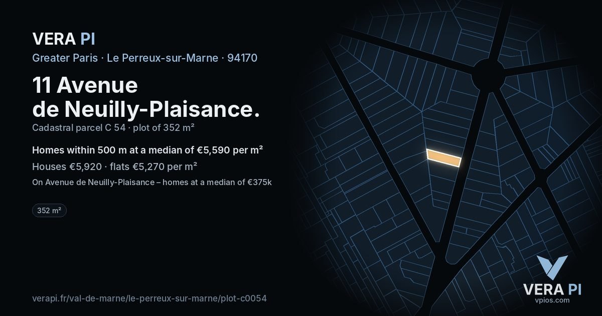 11 Avenue de Neuilly-Plaisance, Le Perreux-sur-Marne at night – the plot lit, the parcels around coloured by the prices near them