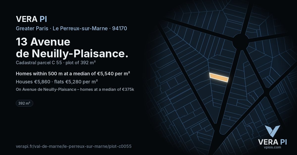 13 Avenue de Neuilly-Plaisance, Le Perreux-sur-Marne at night – the plot lit, the parcels around coloured by the prices near them