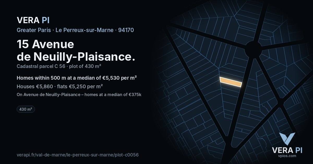 15 Avenue de Neuilly-Plaisance, Le Perreux-sur-Marne at night – the plot lit, the parcels around coloured by the prices near them