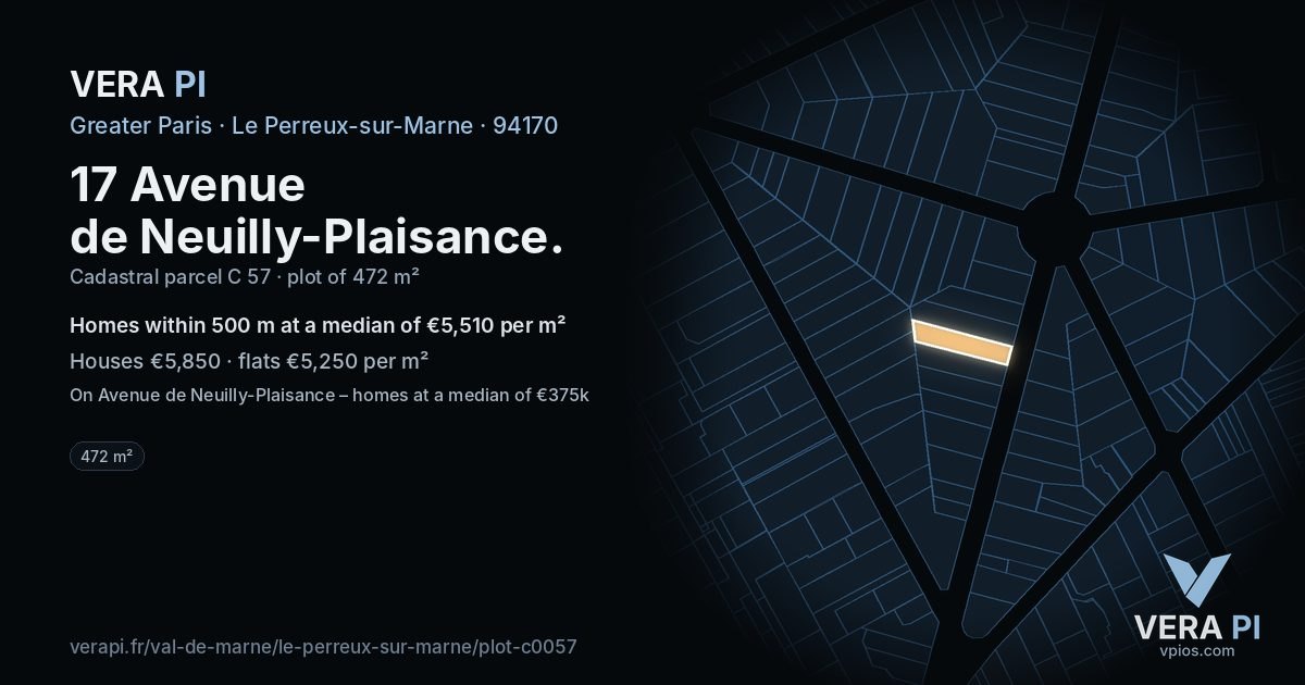 17 Avenue de Neuilly-Plaisance, Le Perreux-sur-Marne at night – the plot lit, the parcels around coloured by the prices near them
