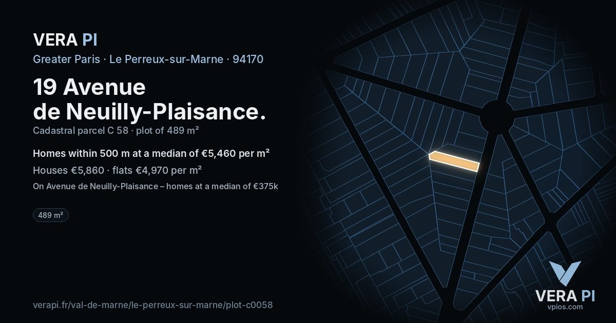 19 Avenue de Neuilly-Plaisance, Le Perreux-sur-Marne at night – the plot lit, the parcels around coloured by the prices near them