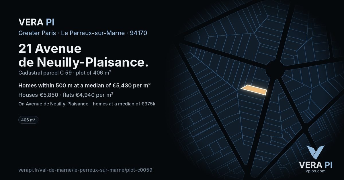 21 Avenue de Neuilly-Plaisance, Le Perreux-sur-Marne at night – the plot lit, the parcels around coloured by the prices near them
