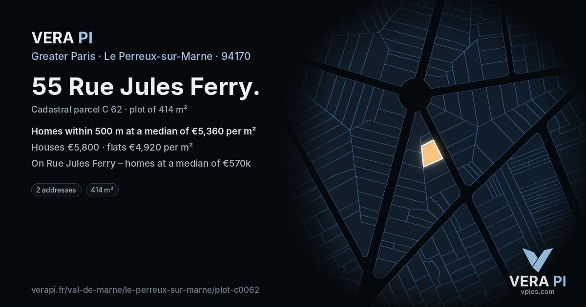 55 Rue Jules Ferry, Le Perreux-sur-Marne at night – the plot lit, the parcels around coloured by the prices near them