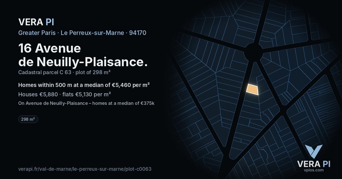 16 Avenue de Neuilly-Plaisance, Le Perreux-sur-Marne at night – the plot lit, the parcels around coloured by the prices near them