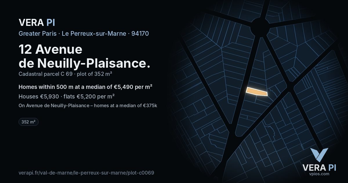 12 Avenue de Neuilly-Plaisance, Le Perreux-sur-Marne at night – the plot lit, the parcels around coloured by the prices near them