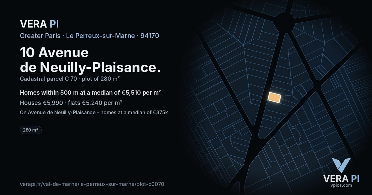 10 Avenue de Neuilly-Plaisance, Le Perreux-sur-Marne at night – the plot lit, the parcels around coloured by the prices near them