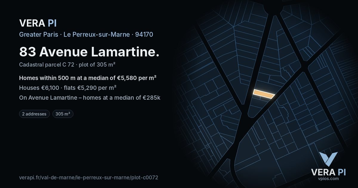 83 Avenue Lamartine, Le Perreux-sur-Marne at night – the plot lit, the parcels around coloured by the prices near them