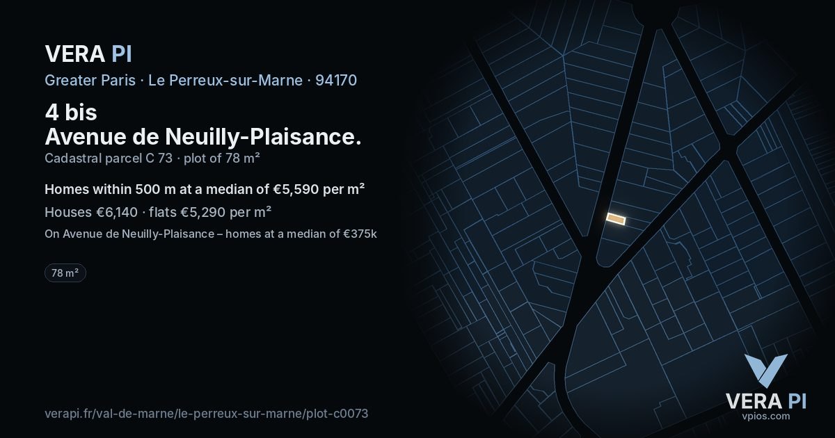 4 bis Avenue de Neuilly-Plaisance, Le Perreux-sur-Marne at night – the plot lit, the parcels around coloured by the prices near them