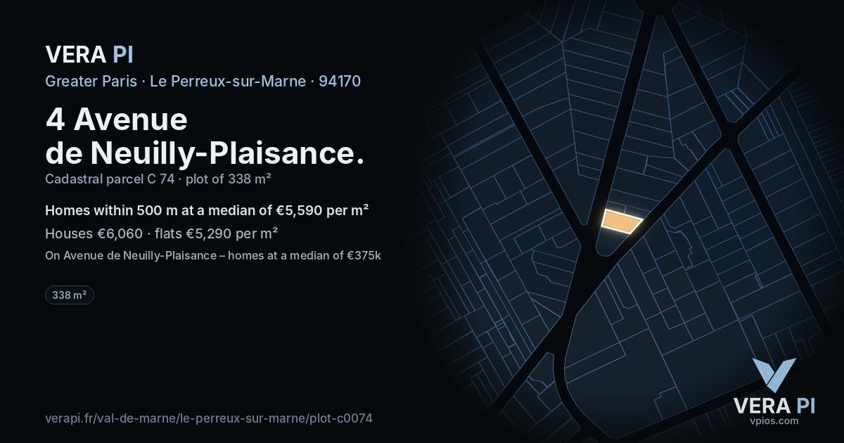 4 Avenue de Neuilly-Plaisance, Le Perreux-sur-Marne at night – the plot lit, the parcels around coloured by the prices near them