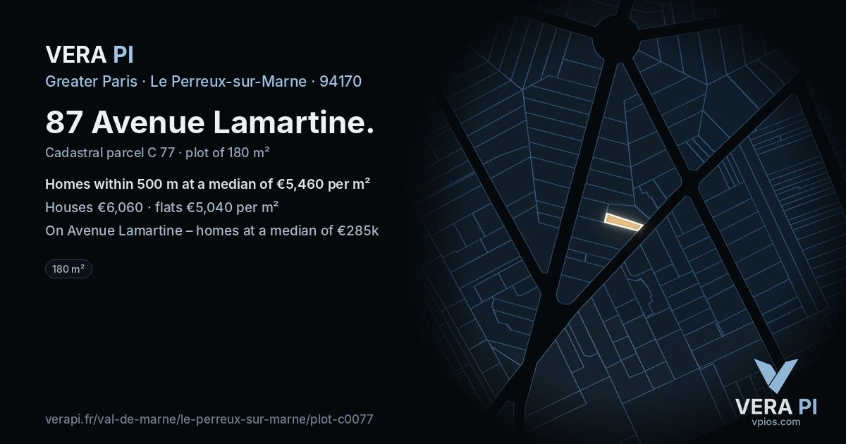 87 Avenue Lamartine, Le Perreux-sur-Marne at night – the plot lit, the parcels around coloured by the prices near them