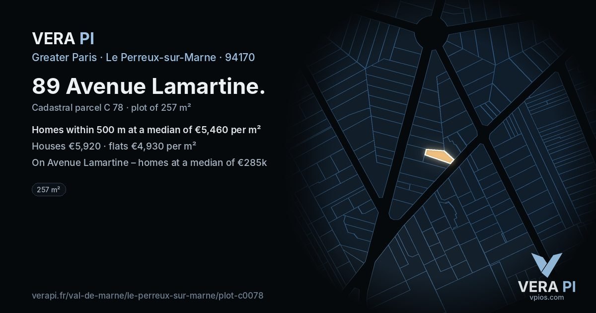 89 Avenue Lamartine, Le Perreux-sur-Marne at night – the plot lit, the parcels around coloured by the prices near them