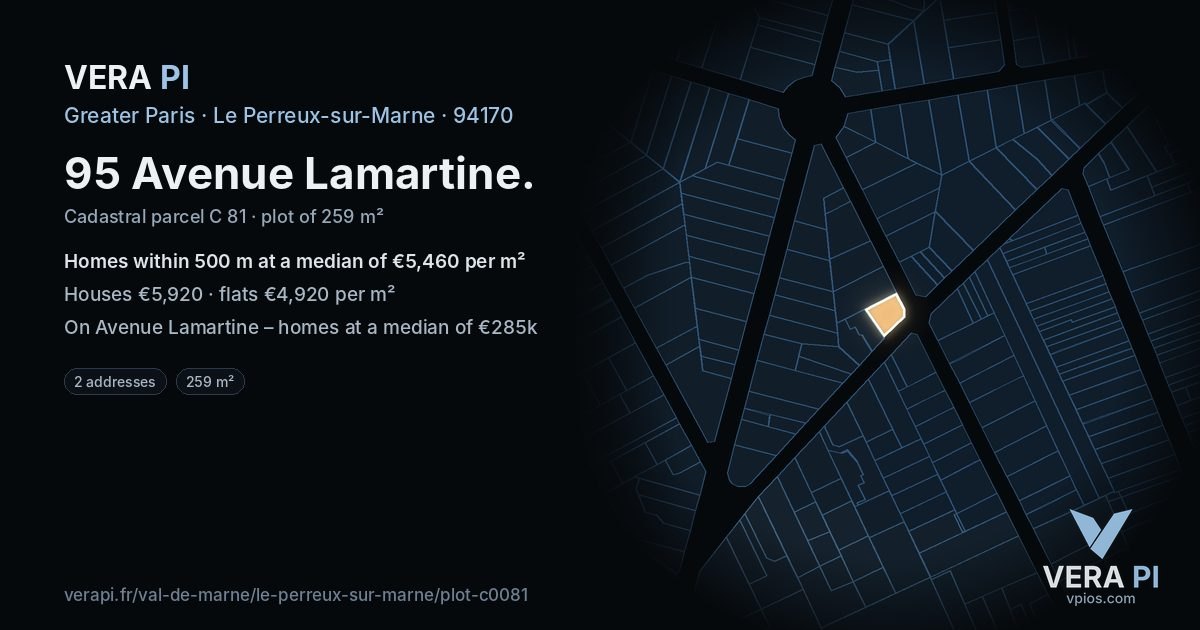 95 Avenue Lamartine, Le Perreux-sur-Marne at night – the plot lit, the parcels around coloured by the prices near them