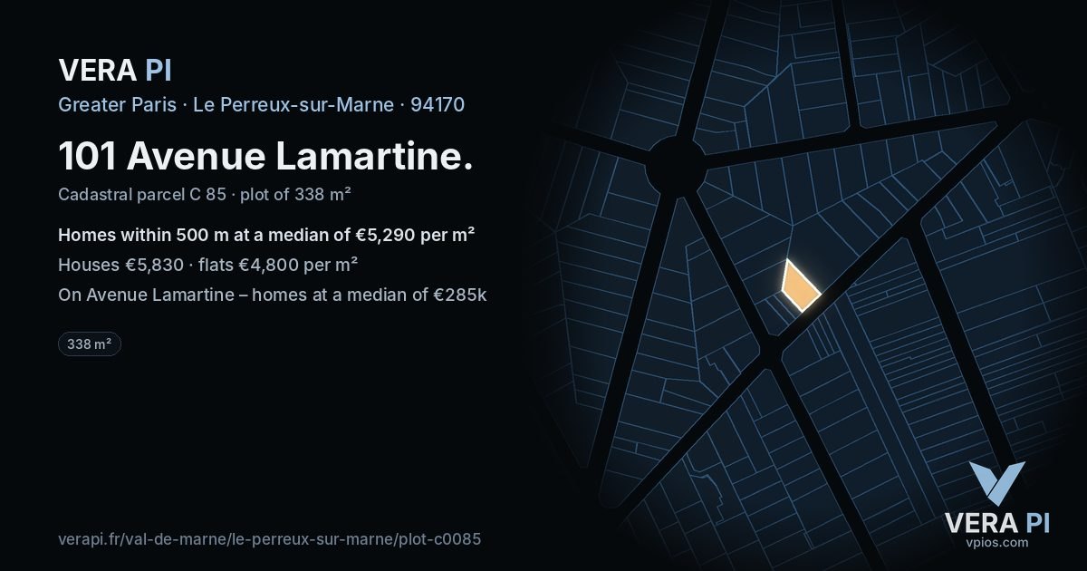 101 Avenue Lamartine, Le Perreux-sur-Marne at night – the plot lit, the parcels around coloured by the prices near them