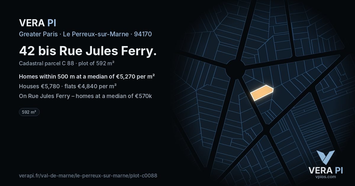 42 bis Rue Jules Ferry, Le Perreux-sur-Marne at night – the plot lit, the parcels around coloured by the prices near them