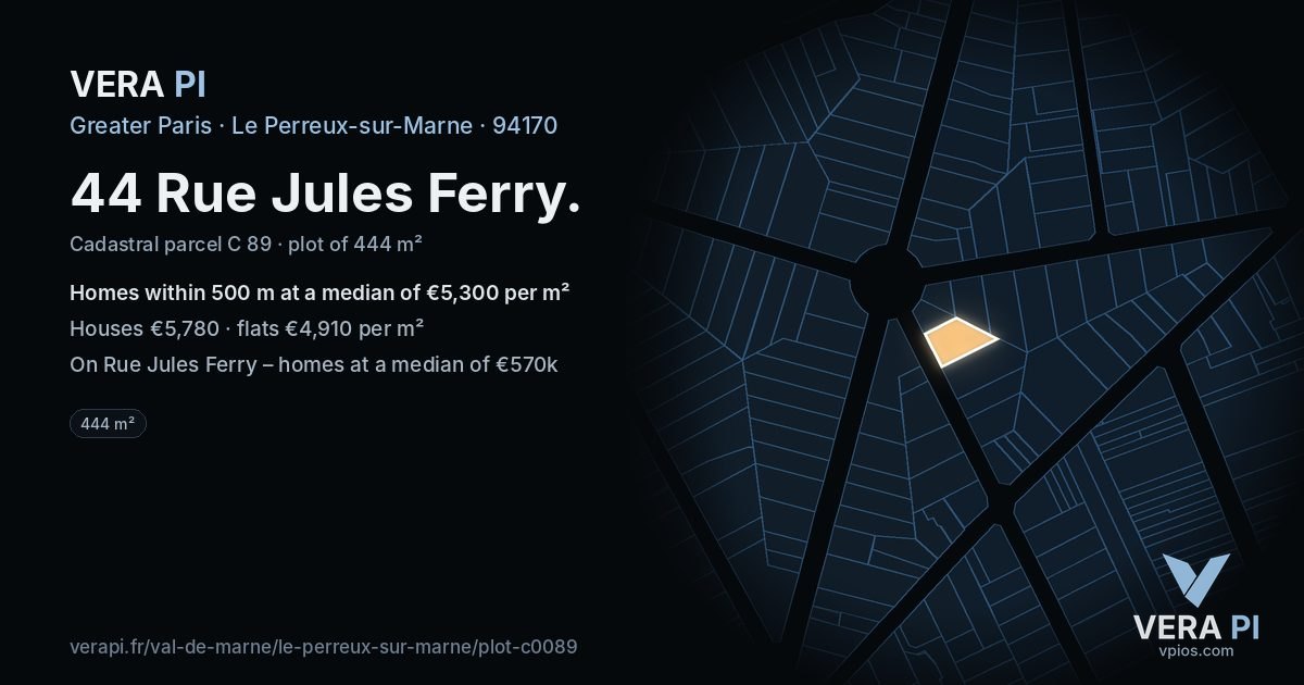 44 Rue Jules Ferry, Le Perreux-sur-Marne at night – the plot lit, the parcels around coloured by the prices near them