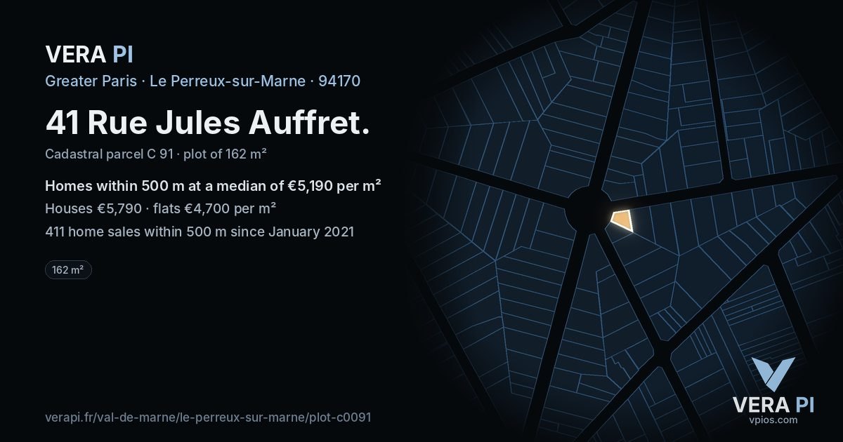 41 Rue Jules Auffret, Le Perreux-sur-Marne at night – the plot lit, the parcels around coloured by the prices near them